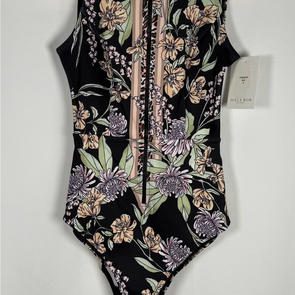 Hale Bob Black and Pink One Piece Swimsuit with Floral Design
